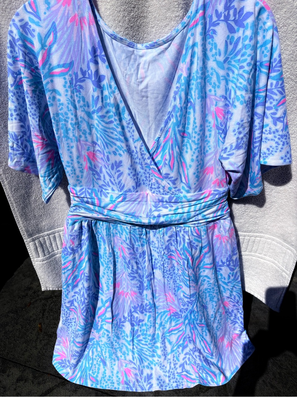 Lilly Pulitzer Blue Floral Wrap-Style One-Piece with Pink Accents